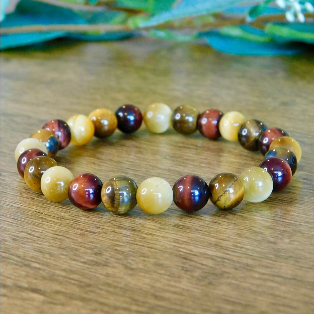 Protection Multi-Colored Tiger Eye Crystal Bead Bracelet Gold Yellow Red Brown